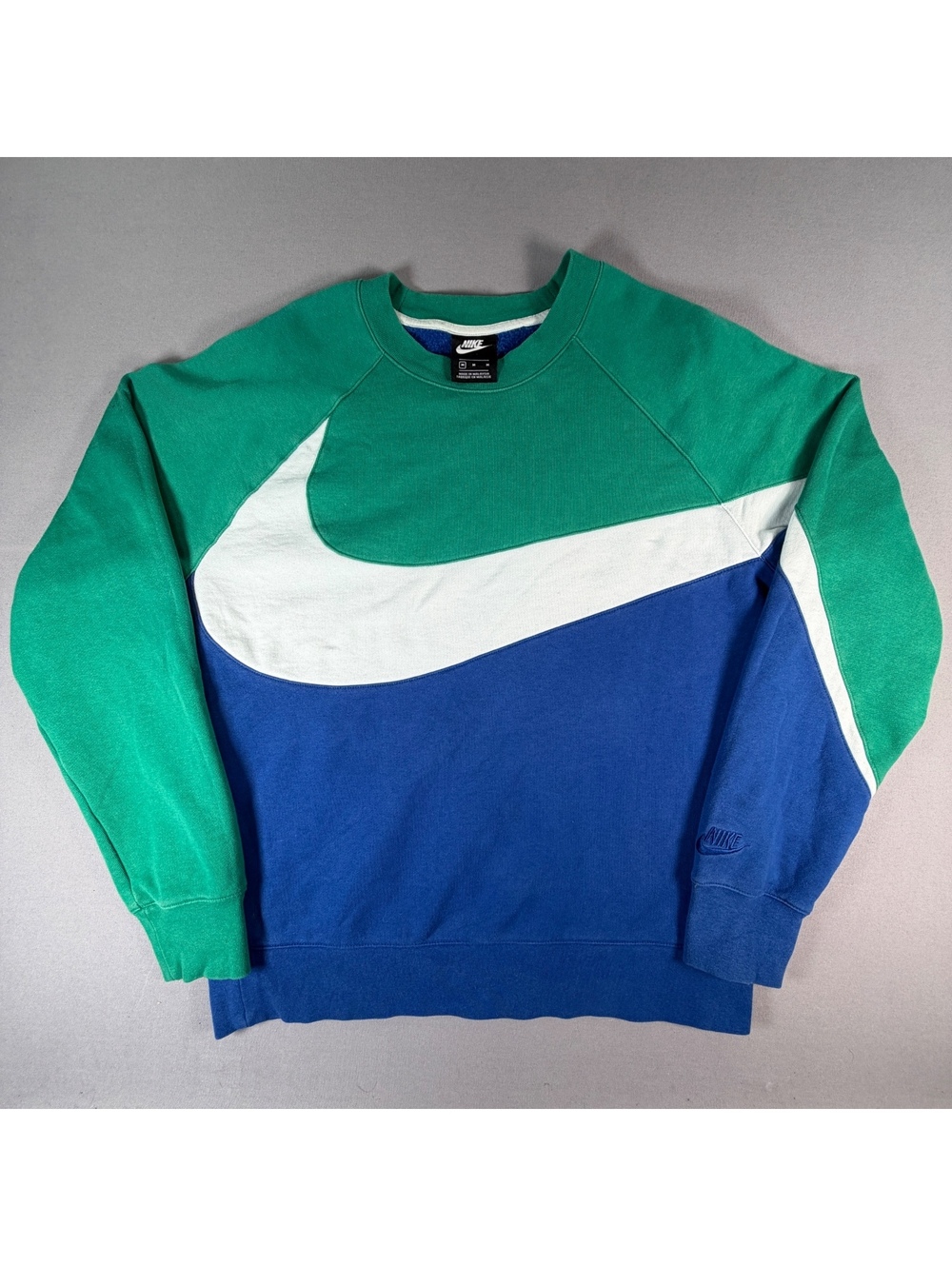 Nike Big Swoosh Sweatshirt Mens L Green Blue White Colorblock Crewneck
